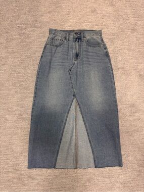 Just USA Washed Blue High-Rise Denim Midi Skirt with Front Slit